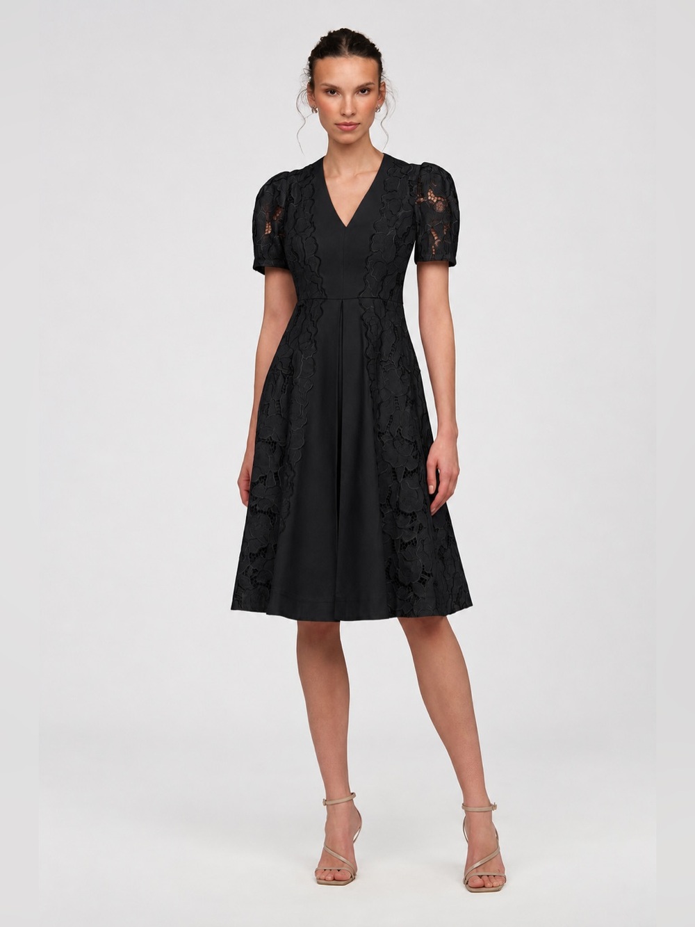 Theia Amal Black Linen and Lace V-Neck Fit-and-Flare Midi Dress
